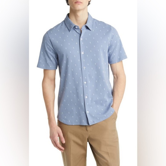 Vince Micro Dot Short Sleeve Cotton Knit Button-Up Shirt Sz XL  in Pacific Blue - Picture 6 of 9